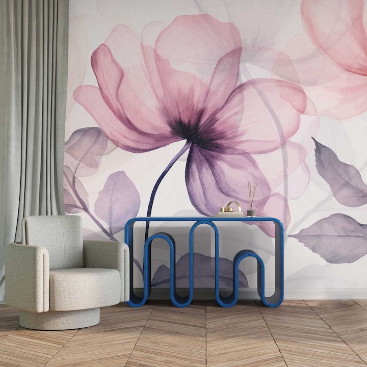 Tapet Premium Updeco, model Fleurs (300x280 cm) - cu flori supradimensionate, usor de curatat, rezistent la apa, dimensiuni 300 x 280 cm, dublu strat din fibre presate, culori naturale si placute, fasii 50 x 280 cm usor de montat