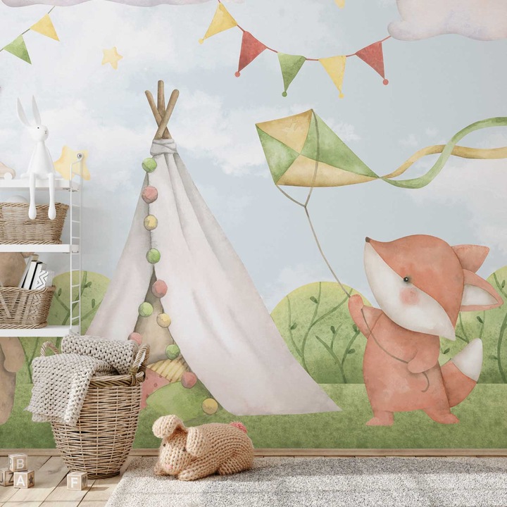 Tapet Premium Updeco, model Forest Gathering (400x280 cm) - copii cu animale, usor de curatat, rezistent la apa, dimensiuni 400 x 280 cm, dublu strat din fibre presate, culori naturale si placute, fasii 50 x 280 cm usor de montat