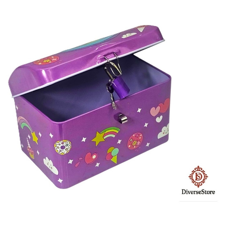 Pusculită Metalică Unicorn, cu Lacat și Chei, Mov Închis, 12x8x9cm