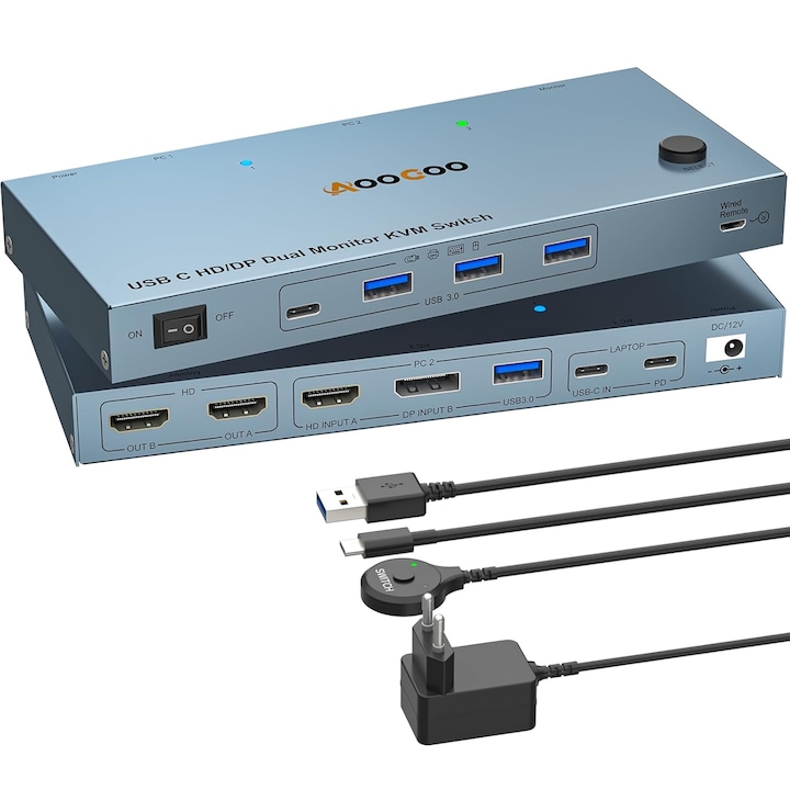 Switch KVM USB-C AOOCOO 4K@60Hz DP/HDMI pentru 1 PC si 1 laptop