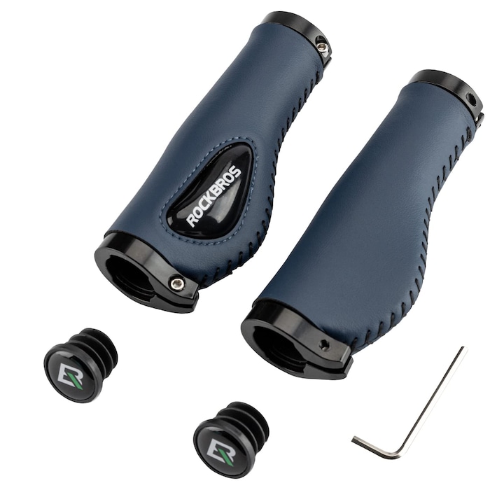 Mansoane bicicletă Rockbros 4072 antiderapante cu gel și piele PU, lock-on, albastru, 22.2mm