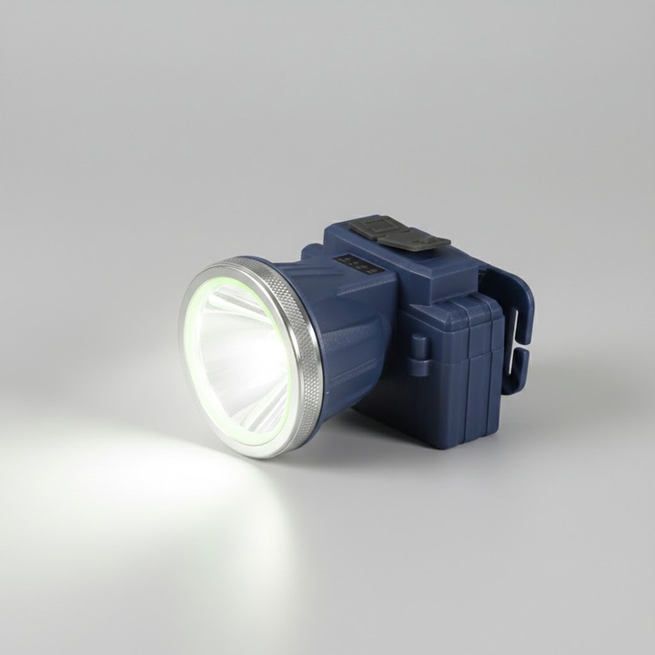 LED фенер за глава, Comando Tech, със стойка и дълъг обхват на увеличение, индикатор за нивото на осветеност, автономност до 20 часа, IPX6, 3 нива на осветеност, обхват до 150 м, мощност 5W, размери 8.6x7.5x6.5 см, син