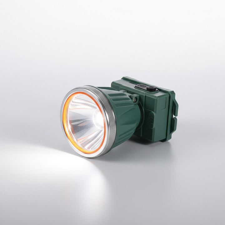 LED фенер за глава, Comando Tech, със стойка и дълъг обхват на увеличение, индикатор за мощност на осветлението, живот на батерията до 20 часа, IPX6, 3 нива на осветление, обхват до 150 м, мощност 5W, размери 10,5x8x6,5 см, тъмно зелен