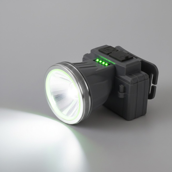 LED фенер за глава, Comando Tech, със стойка и дълъг обхват на увеличение, индикатор за нивото на осветеност, автономност до 20 часа, IPX6, 3 степени на осветеност, обхват до 150 м, мощност 5W, размери 8.6x7.5x6.5 см, сив