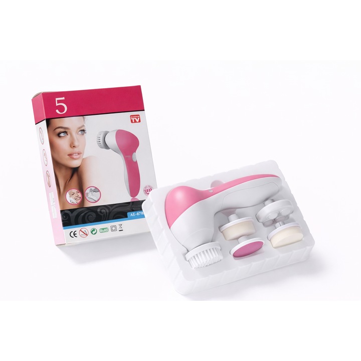 Perie rotativă pentru curățarea și masajul feței, 5 în 1, 2 viteze, 5 capete de perie interschimbabile, 13x7cm