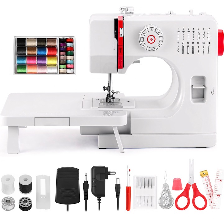 Masina de cusut BYONDSELF, 14 cusaturi, alb, 23x20x23cm, set cu accesorii de cusut 42 piese