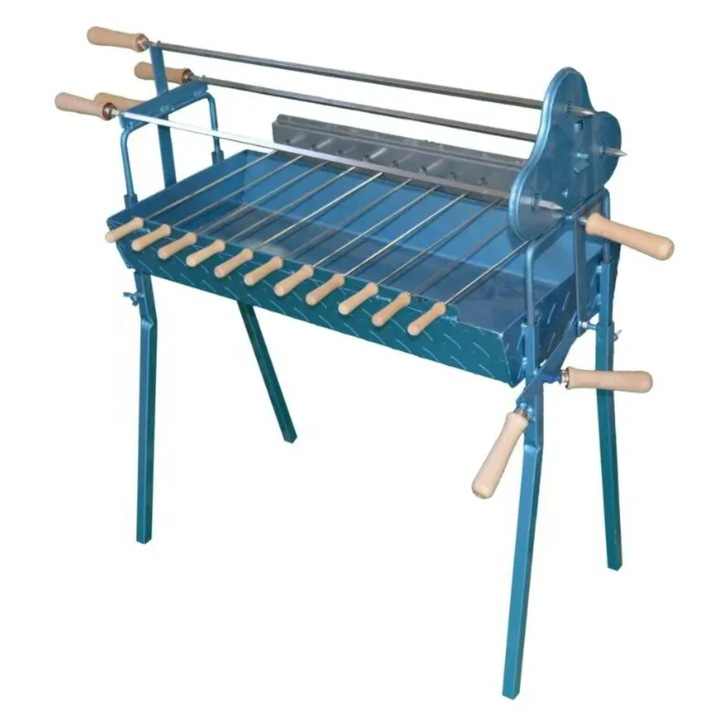 Grătar pe cărbuni, 3 sisuri mari și 11 mici, mecanism de reglare a înălțimii, 70x30x25 cm, albastru