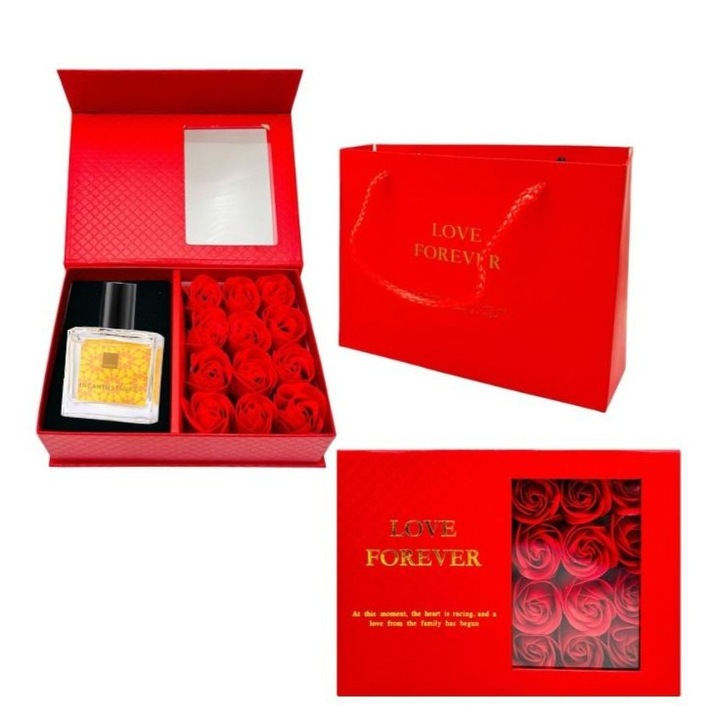 Cutie cadou Love Forever cu 12 trandafiri de sapun si apa de toaleta Avon Incandessence pentru femei 30 ml, cadou elegant si rafinat