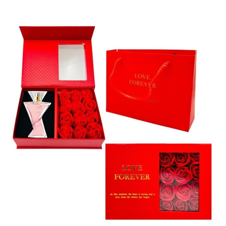 Love Forever díszdoboz 12 szappanrózsával és Oriflame So Fever Together női parfümmel 50 ml, elegáns és kifinomult ajándék