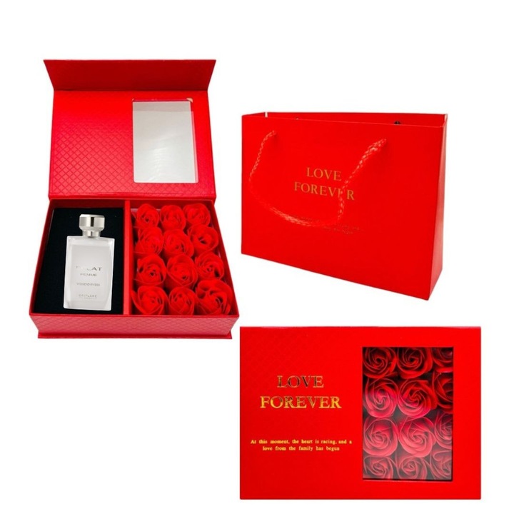 Cutie cadou Love Forever cu 12 trandafiri de sapun si apa de toaleta Oriflame Eclat Femme Weekend Riviera pentru femei 50 ml, cadou elegant si rafinat