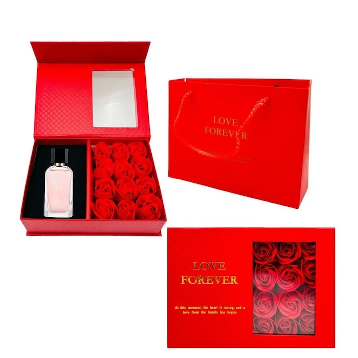 Cutie cadou Love Forever cu 12 trandafiri de sapun si apa de toaleta Oriflame Amour Intensite pentru femei 50 ml, cadou elegant si rafinat