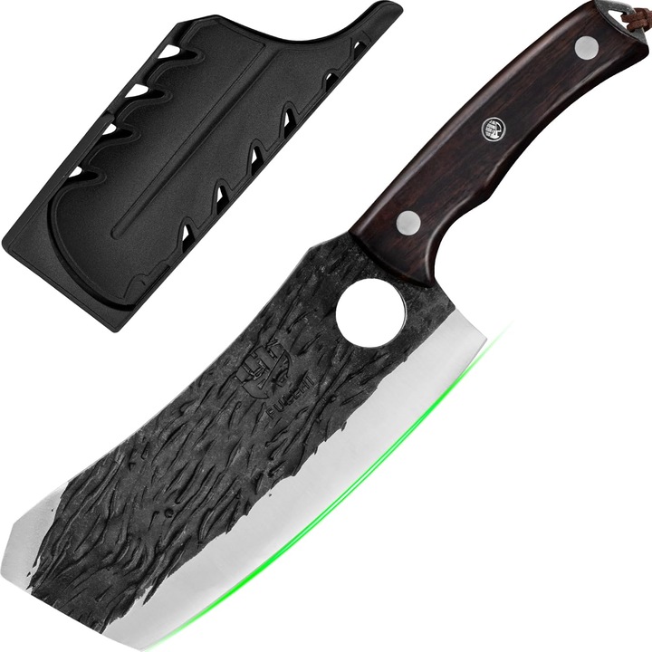 Satar macelar FULLHI, Otel carbon si Lemn, maner ergonomic, lama de 17.5 cm, culoare Maro