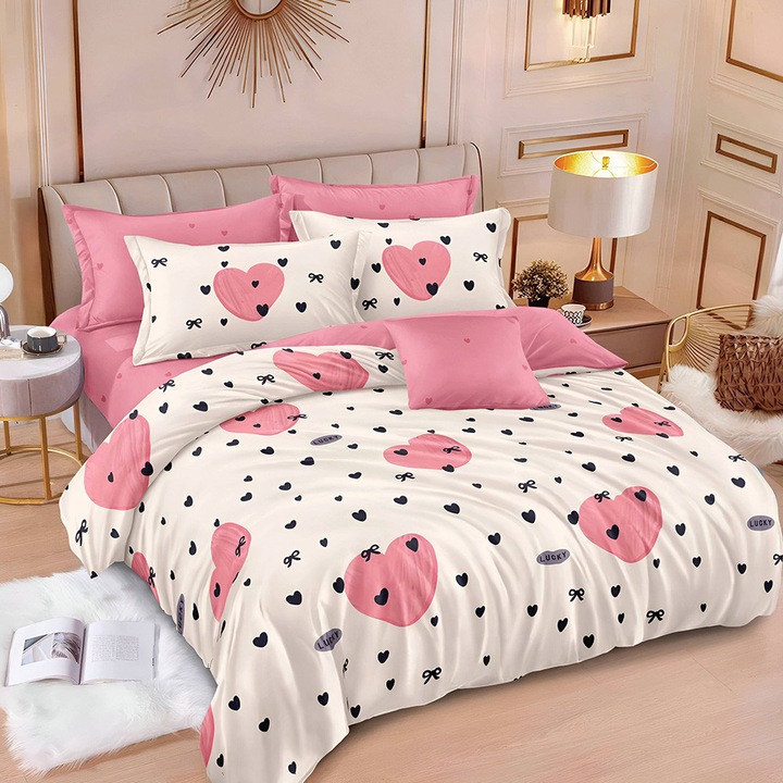 Спално бельо EmonaMall S18906, 6 части, Ластик, Двулицево, Бежов/Розов