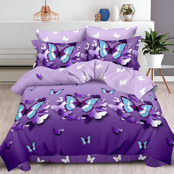 Спално бельо EmonaMall S18918, Двулицев, 4 калъфки, 6 части, Лилав/Светлолилав