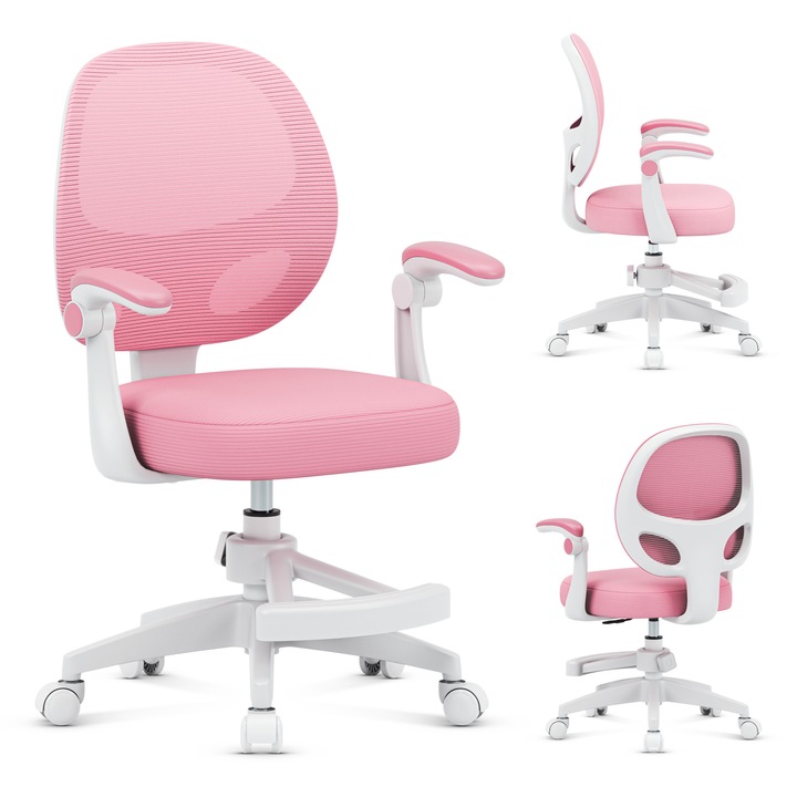 Ергономичен стол за деца, Mark Adler, Junior 3.1, Регулируема височина на седалката, Сгъваеми подлакътници 0–90°, Регулируема подножка, Дишащи материали, Висококачествена седалка, въртящ се, Безопасно за деца, Розово