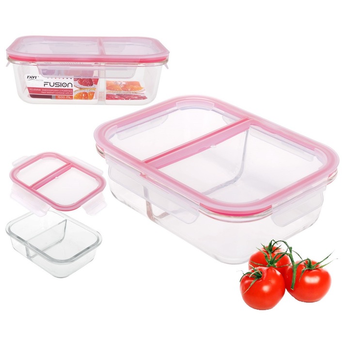 Cutie alimentara din sticla RAVI, 1500 ml, rectangulara, cu capac, doua compartimente, rezistenta la caldura, 23,5x17,5x7,5cm