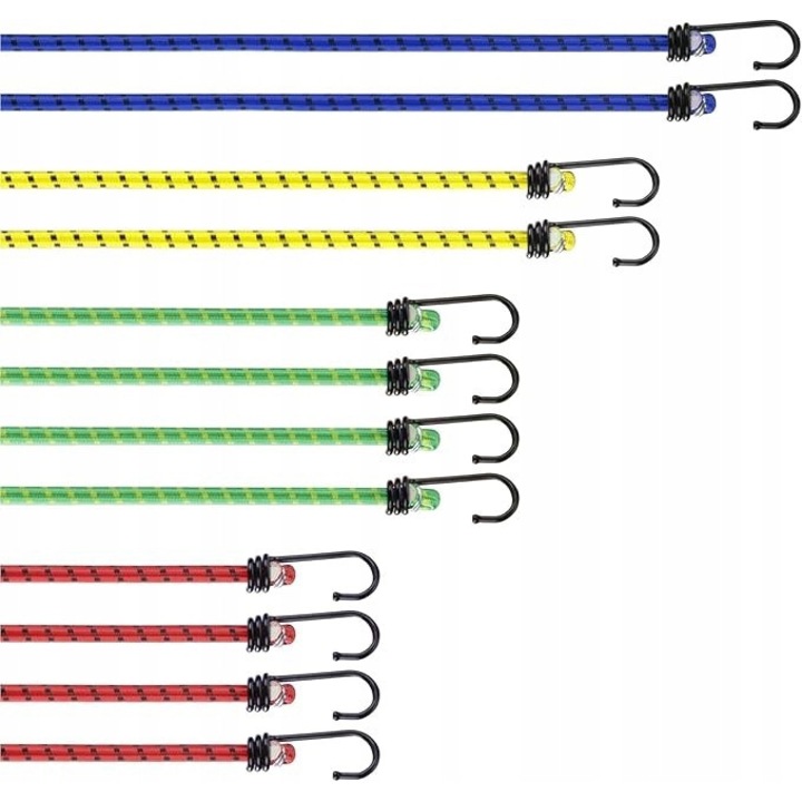 Комплект от 4 бънджи въжета, 30 кг, устойчиви на атмосферни влияния, многоцветни