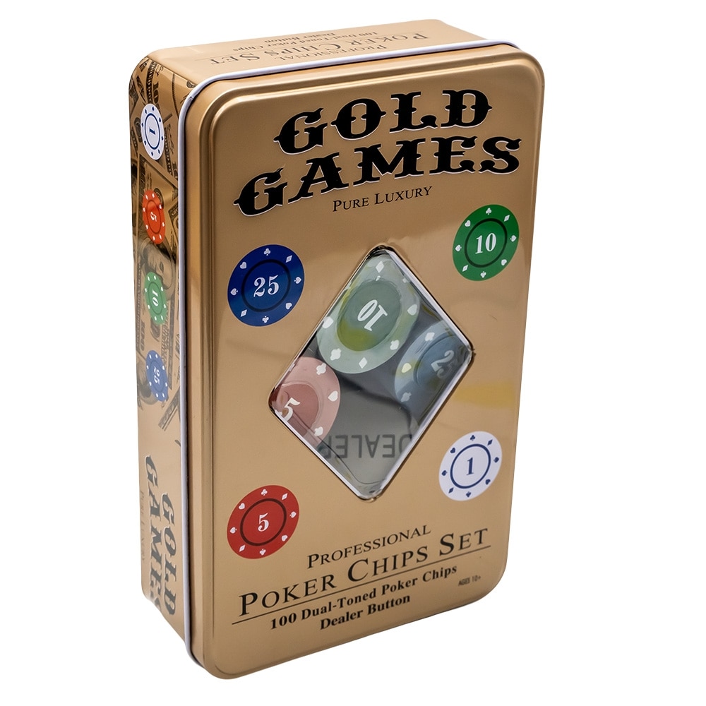 Set poker Pure Luxury, 100 jetoane duale, cutie metalică aurie