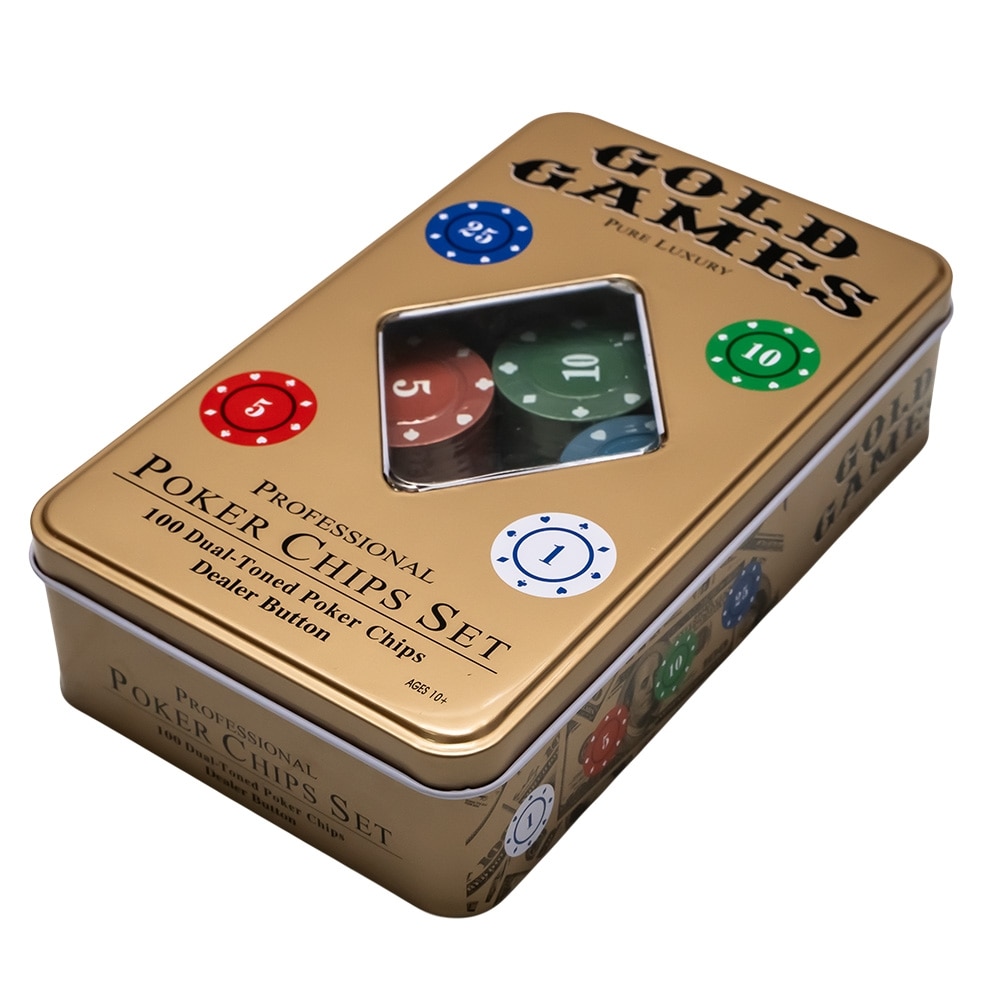 Set poker Pure Luxury, 100 jetoane duale, cutie metalică aurie