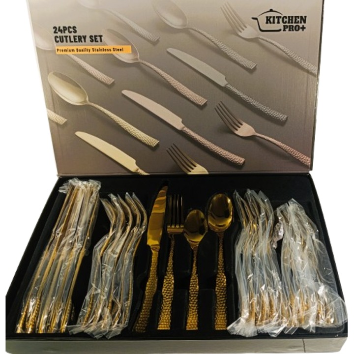 Set tacamuri 24 piese otel inoxidabil - Design elegant, Auriu, pentru 6 Persoane, Kitchen Pro