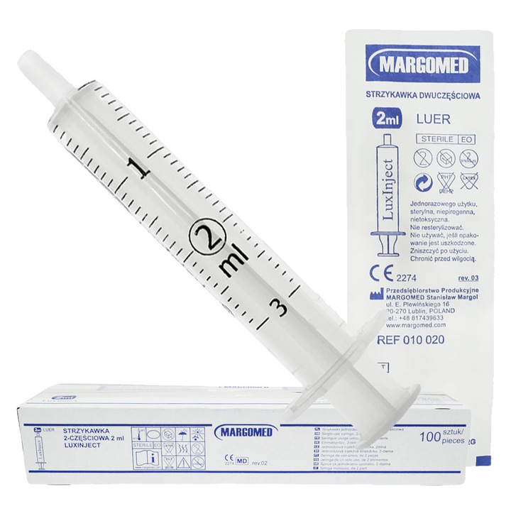 Set 100 seringi 2ml Margomed, transparent, polipropilena, polietilena