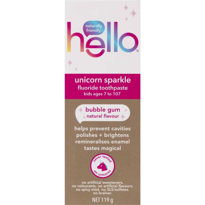 Gyermek fogkrém, Hello, Unicorn Sparkle, Rágógumi ízű, Fluoridos, 119gr