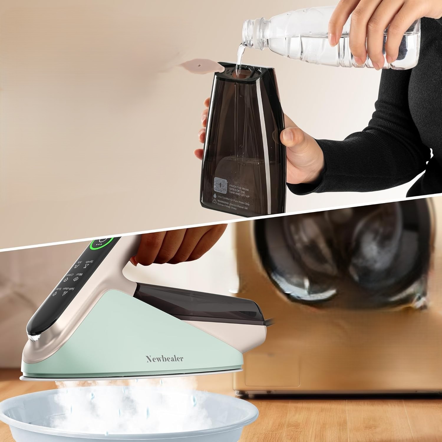 Newbealer Fier de Calcat cu Abur 2400W, 350 ml, Abur Turbo 200 g, 32 g/min continuu, 4 trepte abur, Talpa diamant ceramica, Auto-curatare si Oprire automata, Verde