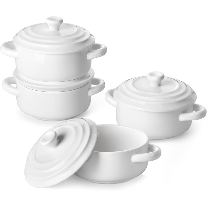 Set 4 mini vase ceramice cu capac pentru cuptor, 410ml, cu manere, pentru supe, deserturi si preparate la cuptor