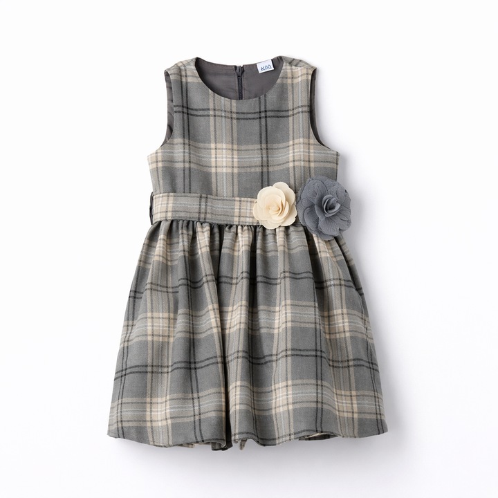 iDO Szürke kockás ruha lányoknak, pamut béléssel és virágos övvel
