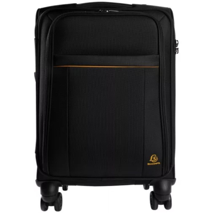 Troler cabina avion Exacompta Exactive, 37x55x23 cm Inchidere cu fermoar, Incuietoare cu cifru, 4 roti multidirectionale, Tesatura exterioara din poliester 100% reciclat, Negru