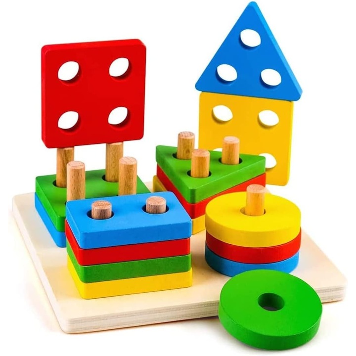 Montessori fajáték gyermekeknek 1-3 éves korig, formák válogatása és egymásra rakása, oktató, 16 darabos