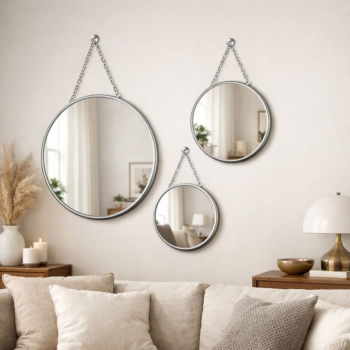Set 3 bucati Oglinzi decorative rotunde, suspendabile cu lant metalic, design modern, diametru variabil, Metal, culoare Argintiu