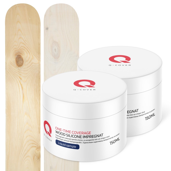 Set de mostre de culoare, Impregnant colorant pentru lemn, cu vopsire intr-un singur strat, Q-Cover, pentru exterior, Alb 9003 si Incolor D000, Mat, 2 buc., 150ml