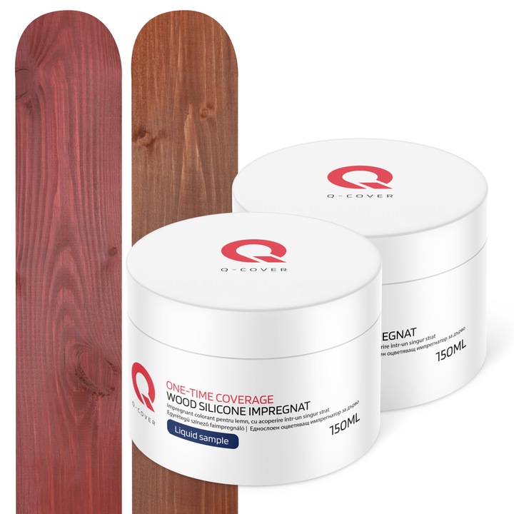 Set de mostre de culoare, Impregnant colorant pentru lemn, cu vopsire intr-un singur strat, Q-Cover, pentru exterior, Cires japonez D050 si Nuc inchis D080, Mat, 2 buc., 150ml