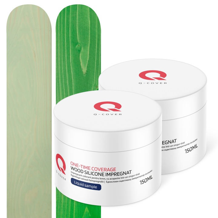 Set de mostre de culoare, Impregnant colorant pentru lemn, cu vopsire intr-un singur strat, Q-Cover, pentru exterior, Verde 6029 si Masliniu H2055, Mat, 2 buc., 150ml