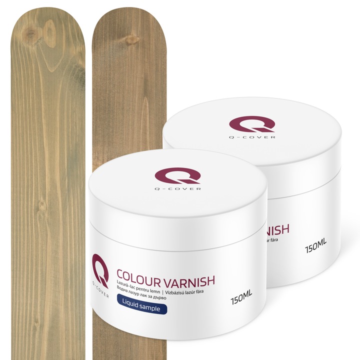 Set de mostre de culoare, Lazura–lac pentru lemn, Satin, Q-Cover, pentru interior si exterior, Gri cu tenta de bej 7006 si Gri cu tenta de galben 7034, Mat, 2 buc., 150ml