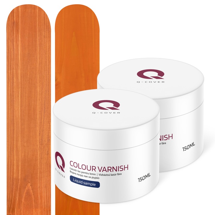 Set de mostre de culoare, Lazura–lac pentru lemn, Semi-mat, Q-Cover, pentru interior si exterior, Portocaliu D140 si Tec D040, Mat, 2 buc., 150ml