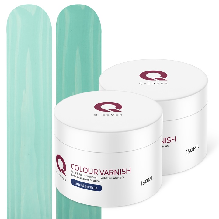 Set de mostre de culoare, Lazura–lac pentru lemn, Semi-mat, Q-Cover, pentru interior si exterior, Turcoaz H1441 si Verde menta H1553, Mat, 2 buc., 150ml