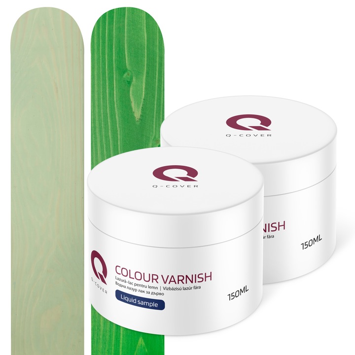 Set de mostre de culoare, Lazura–lac pentru lemn, Semi-mat, Q-Cover, pentru interior si exterior, Verde 6029 si Masliniu H2055, Mat, 2 buc., 150ml