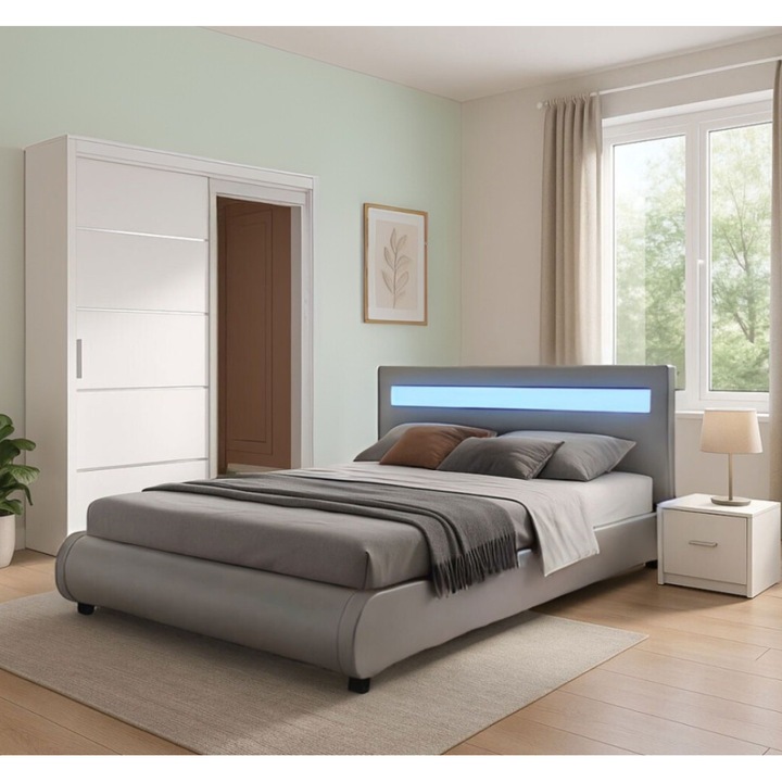 Set dormitor CELA, pat tapitat gri 160x200, dulap 150x210x61cm, noptiera 48x32x3cm