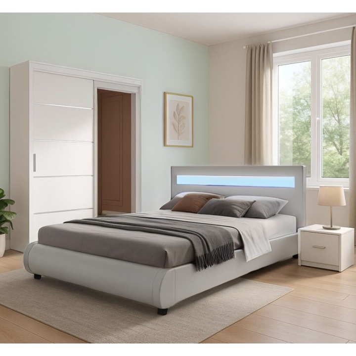 Set dormitor CELA, pat tapitat alb 160x200 cu iluminare LED, dulap 150x210x61cm, noptiera 48x32x3cm