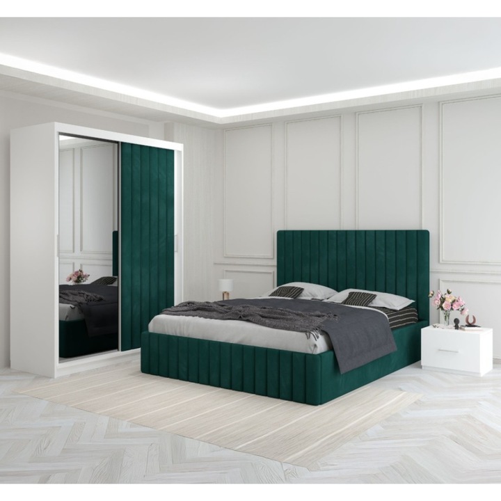 Set Dormitor CELA Verde, Pat 180x200, Dulap 150x208, Noptiera 48x32x35 cm