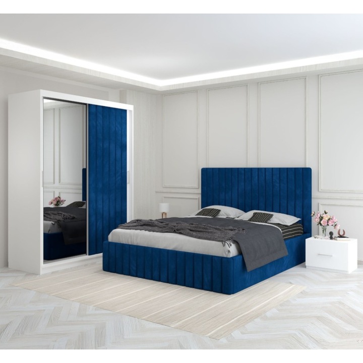 Set dormitor CELA Luca, pat 140x200, dulap 150x208, noptieră, albastru