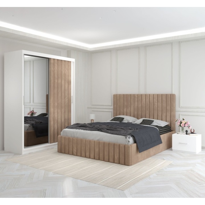 Set dormitor CELA Luca Crem, pat 180x200, dulap 150x208, noptieră 48x32x35 cm