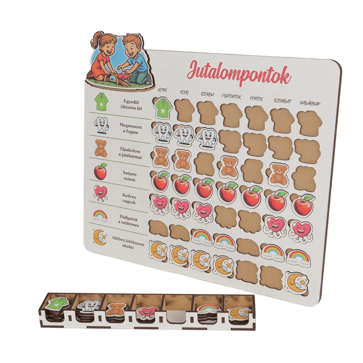 Panou educativ din lemn – responsabilitati copii, 53 piese, toate textele in limba maghiara