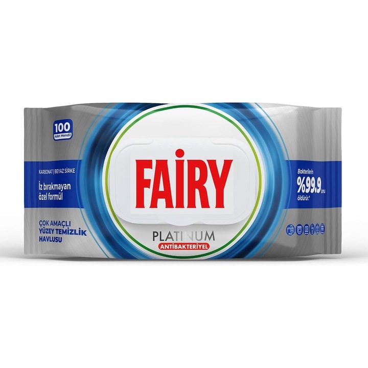 Servetele umede antibacteriene Fairy Platinum, 100 buc, pentru curatarea suprafetelor, alb