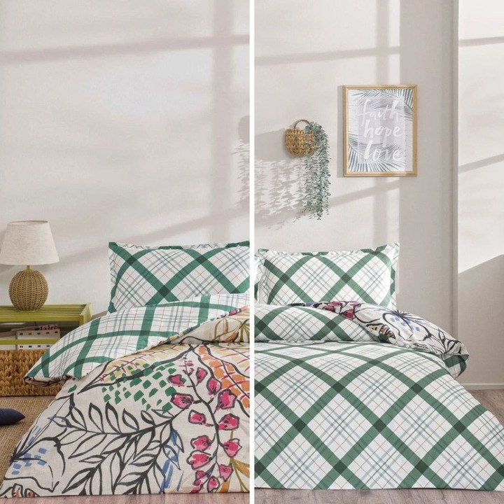 Kétoldalas ágyneműhuzat, 100% ranforce pamut, 240x260 cm, 4 részes, TAC, Greeny Zöld