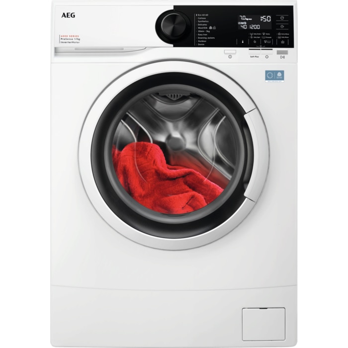 Masina de spalat rufe slim AEG L6SE27WE SERIA6000, 7 kg, 1200 rpm, Clasa A, motor Inverter, LCD, tehnologie ProSense, Antialergic, 20' 3 kg, Jachete Puf,Outdoor, TimeSave, SoftPlus, Adancime totala 49 cm, alb