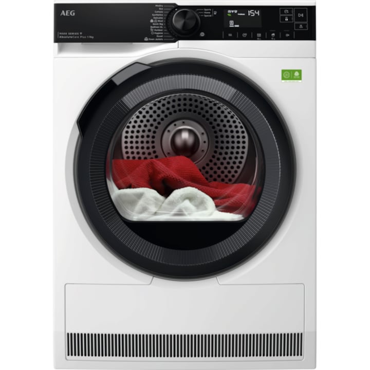 Сушилня AEG TR9396CE СЕРИЯ9000 Ecoline AbsoluteCare с термопомпа, 9 кг, клас B, Инверторен мотор, Wi-Fi, 3DScan технология с капацитивен сензор, Сушене по време/автоматично, Вътрешно осветление, Дълбочина 66 см, Бял