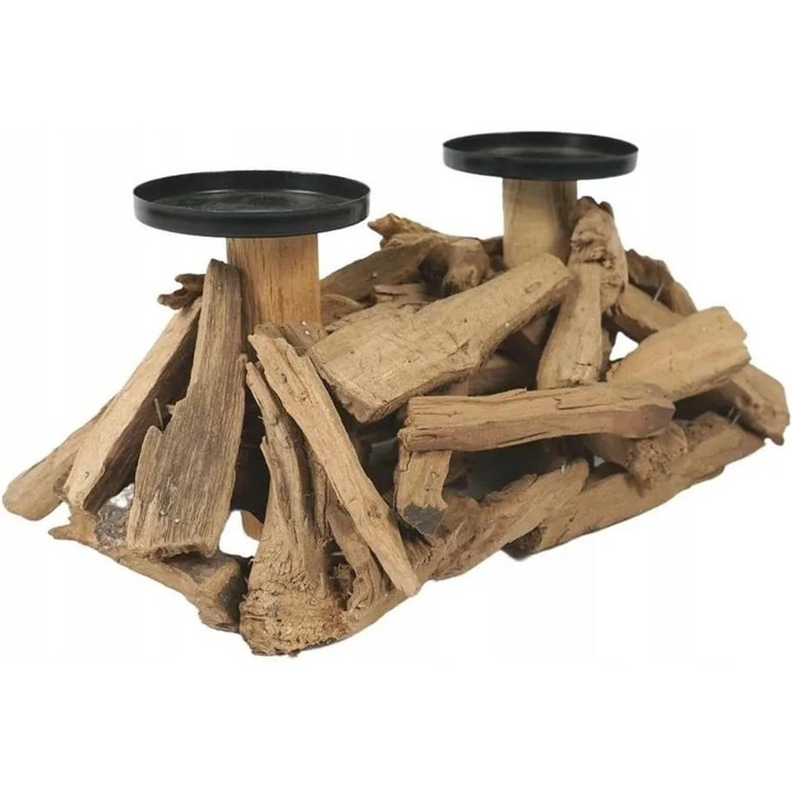 Suport Decorativ din Lemn de Drift, Pentru 2 Lumanari, Rustic, Vintage 32x16x14 Maro